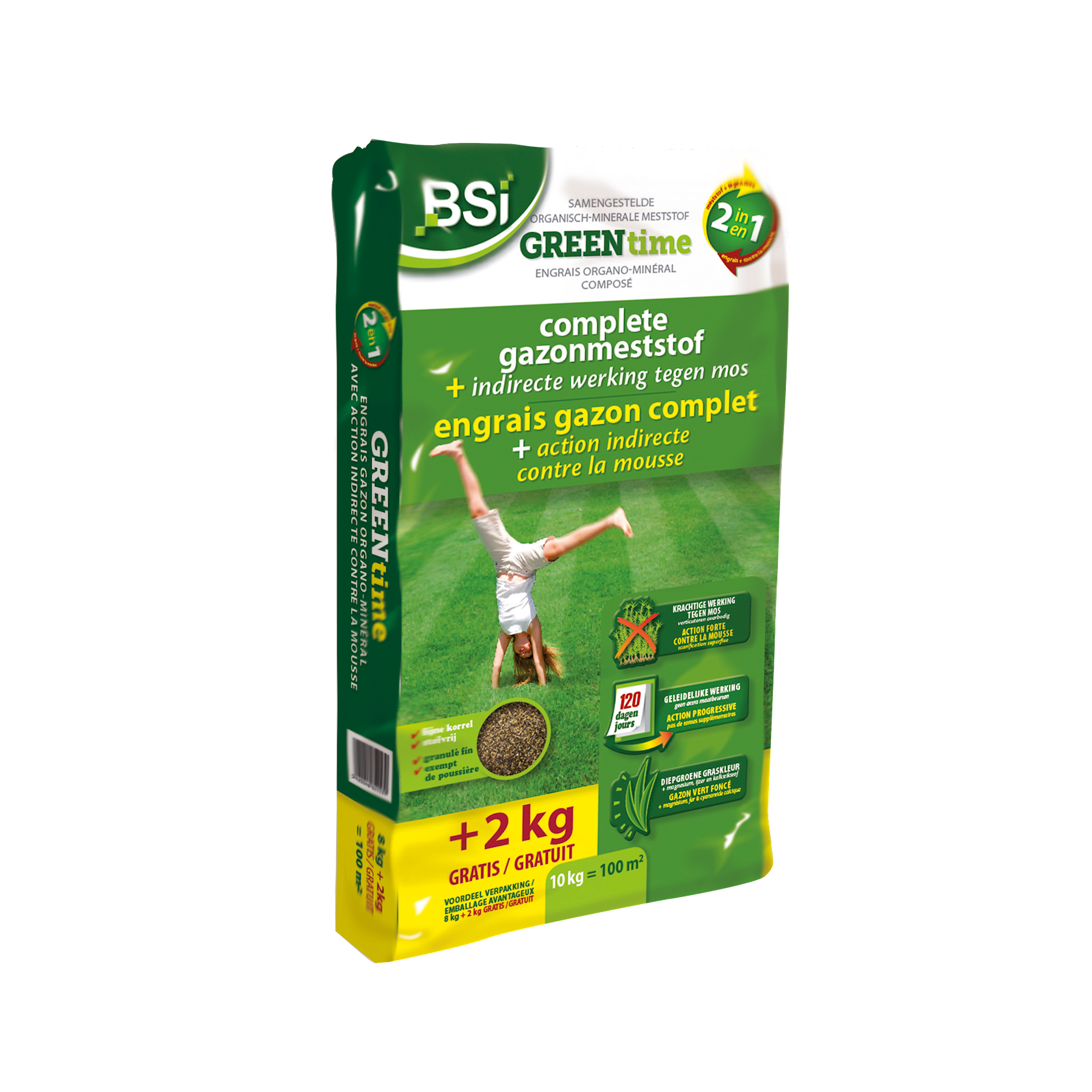 BSI gazonmeststof 10kg voor 100m² - Green Time 2-in-1 met indirecte werking tegen mos afbeelding