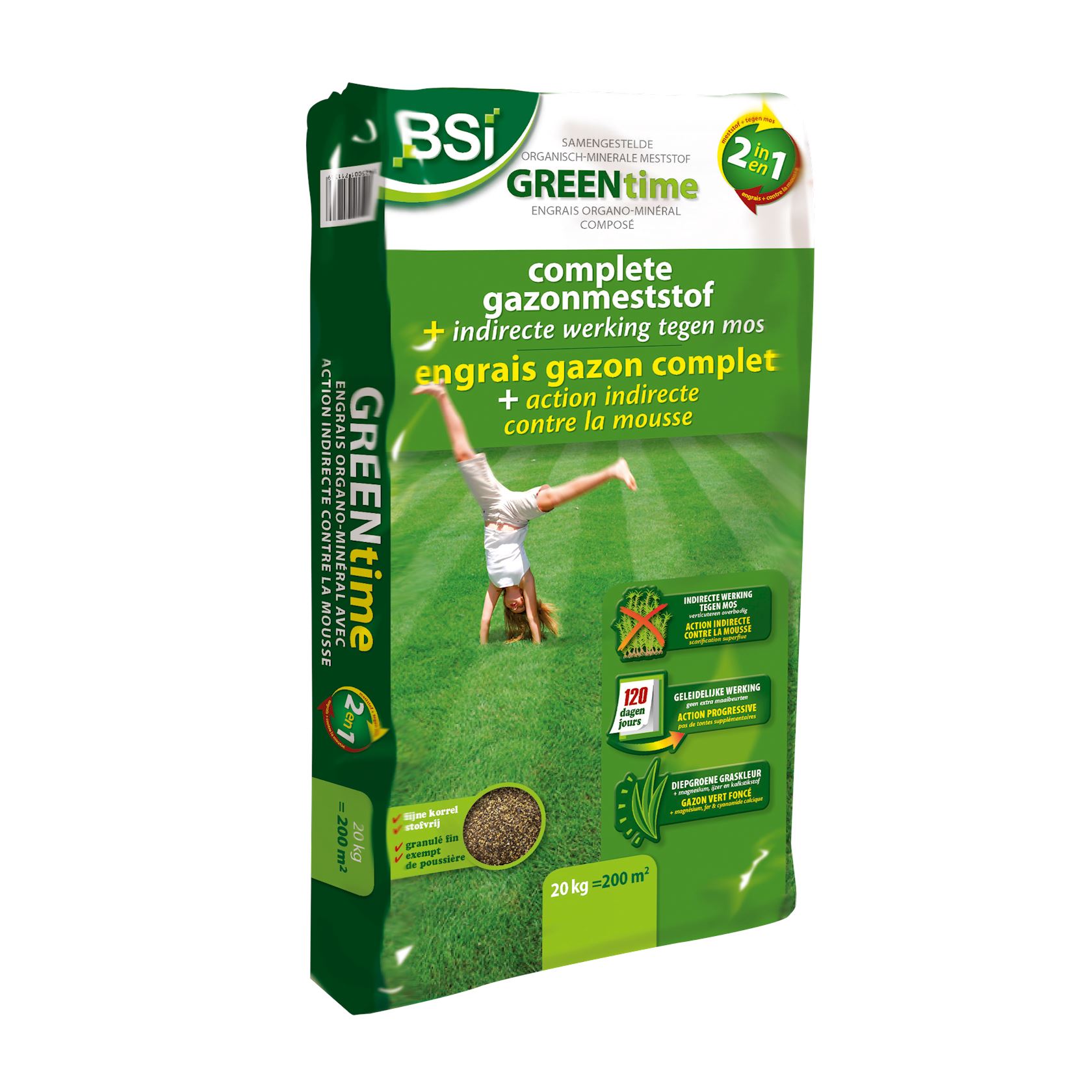 BSI gazonmeststof 20kg voor 200m² - Green Time 2-in-1 met indirecte werking tegen mos afbeelding