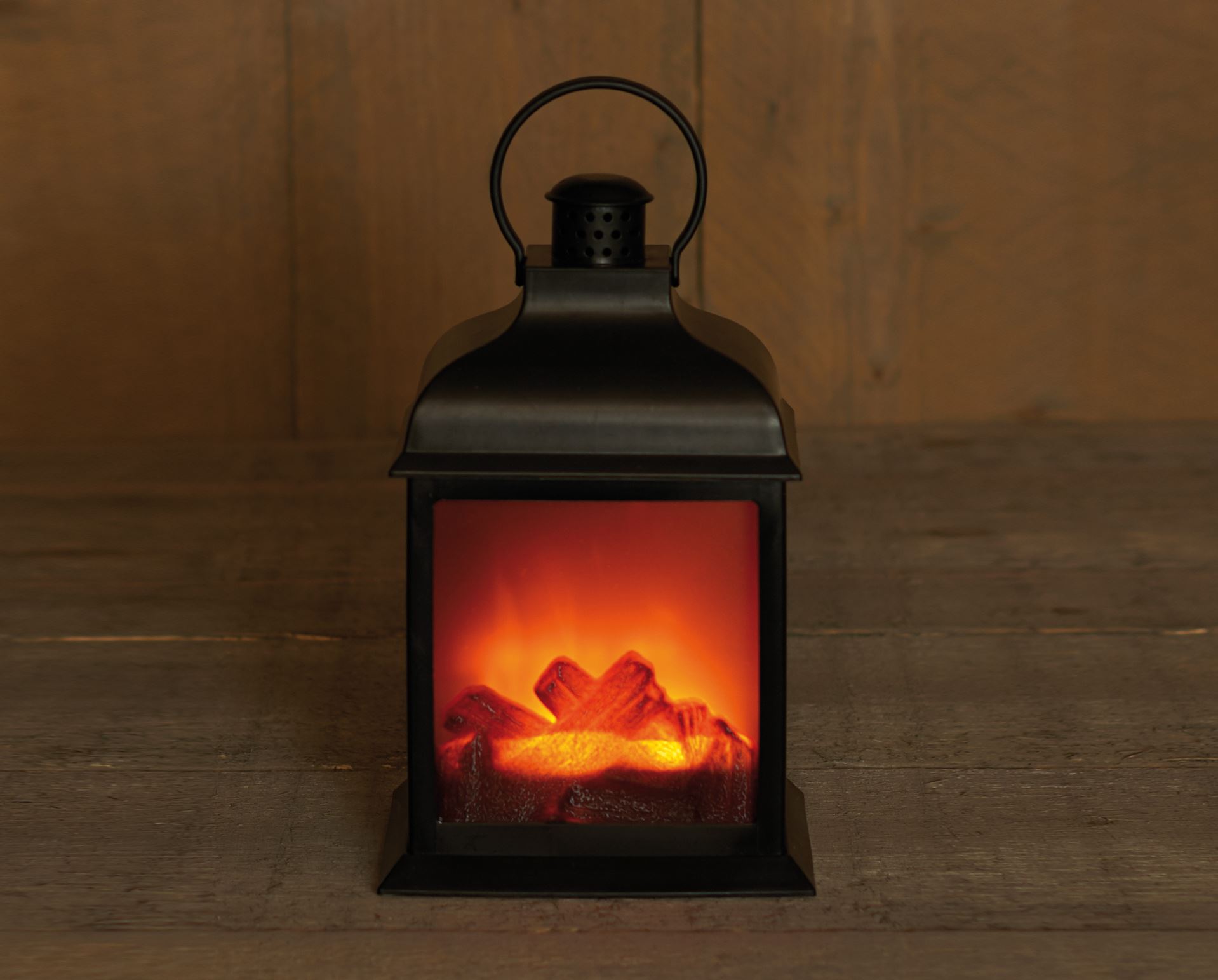 Lantaarn met haard - zwart - L15 x B12 x H23,5 cm - ledverlichting met vlameffect - met timer - werkt op batterijen afbeelding