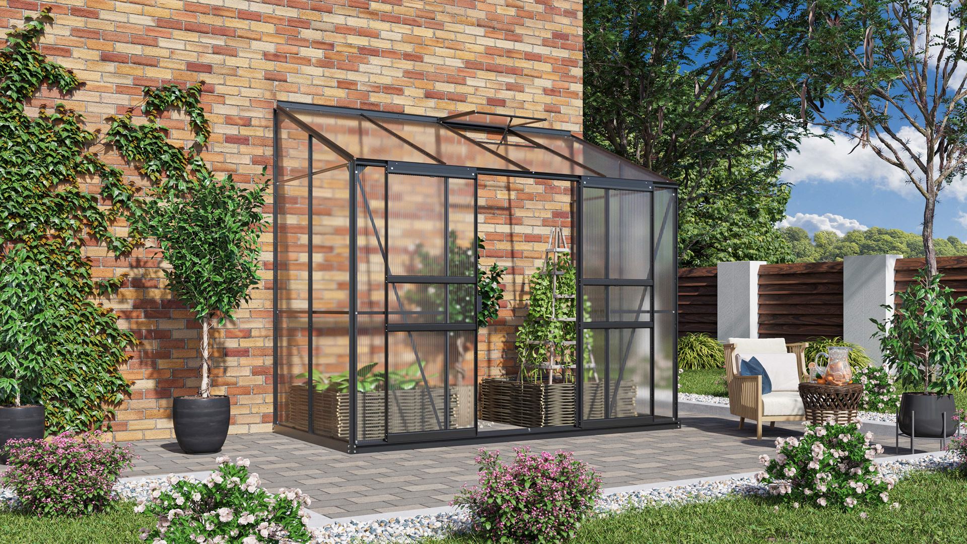 Vitavia Ida muurserre - 3,3m² - met 4 mm polycarbonaat - Zwart afbeelding