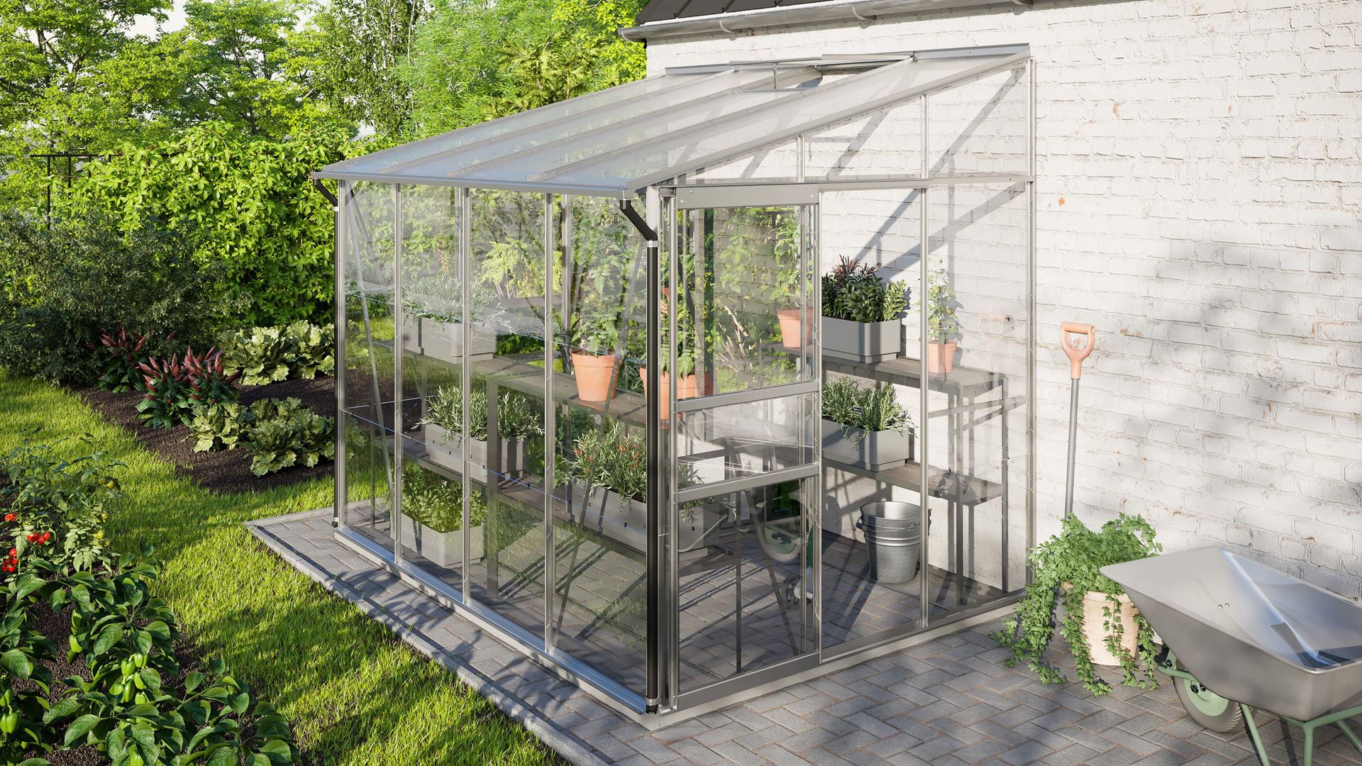 Vitavia Ida muurserre 5,2m² met veiligheidsglas - Aluminium - Met dubbele schuifdeur (B120 cm) en fundering afbeelding