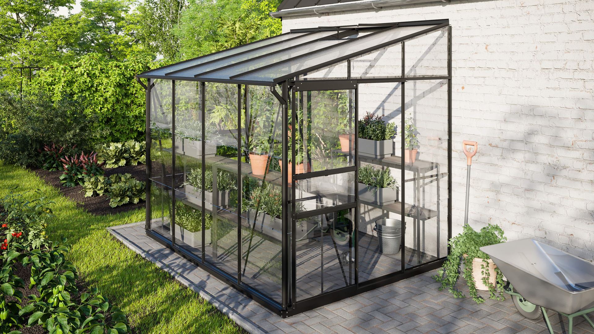 Vitavia Ida muurserre 5,2m² met veiligheidsglas - Zwart - Met dubbele schuifdeur (B120 cm) en fundering afbeelding