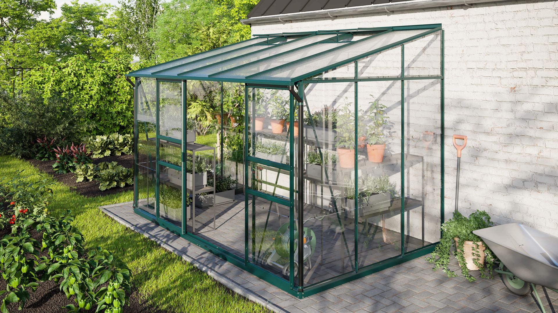 Vitavia Ida muurserre 6,5m² met veiligheidsglas - Donkergroen - Met dubbele schuifdeur (B120 cm) en fundering afbeelding