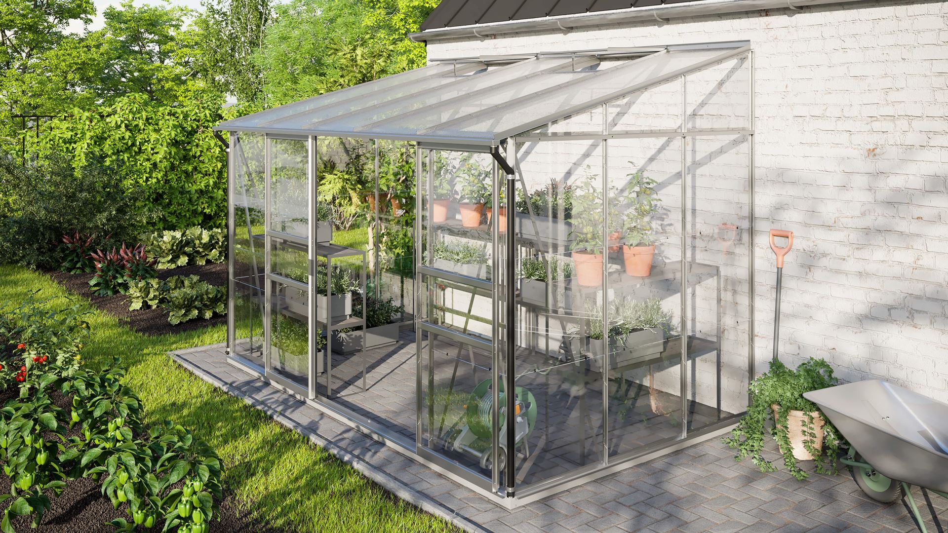 Vitavia Ida muurserre 6,5m² met veiligheidsglas - Aluminium - Met dubbele schuifdeur (B120 cm) en fundering afbeelding