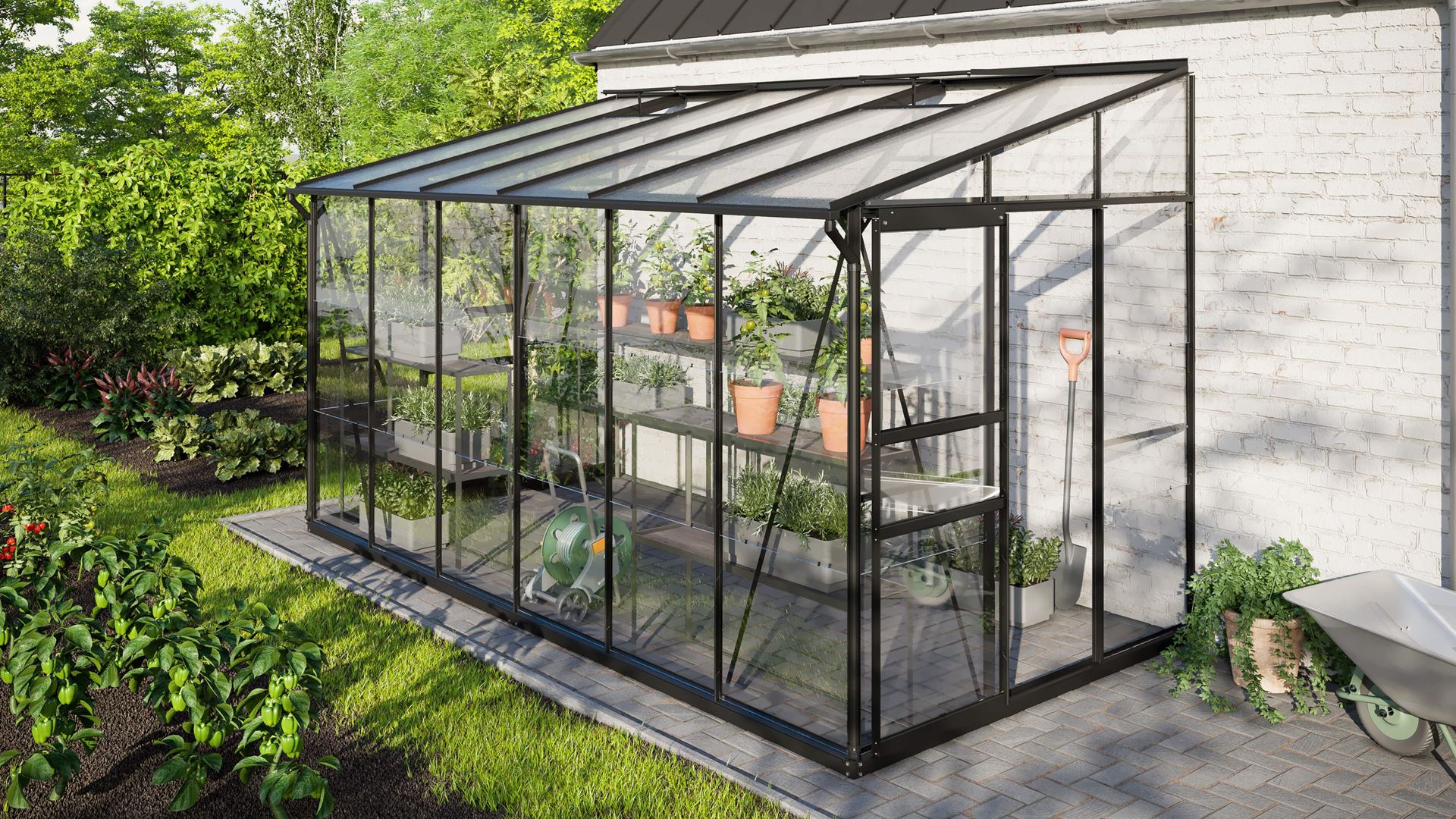 Vitavia Ida muurserre 7,8m² met veiligheidsglas - Zwart - Met dubbele schuifdeur (B120 cm) en fundering afbeelding