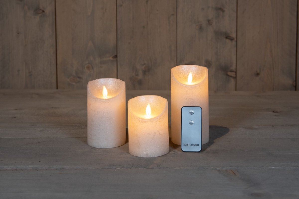 Anna's Collection - Rustieke ledkaarsen - set van 3 stuks - parelkleurig - diverse groottes - met afstandsbediening afbeelding