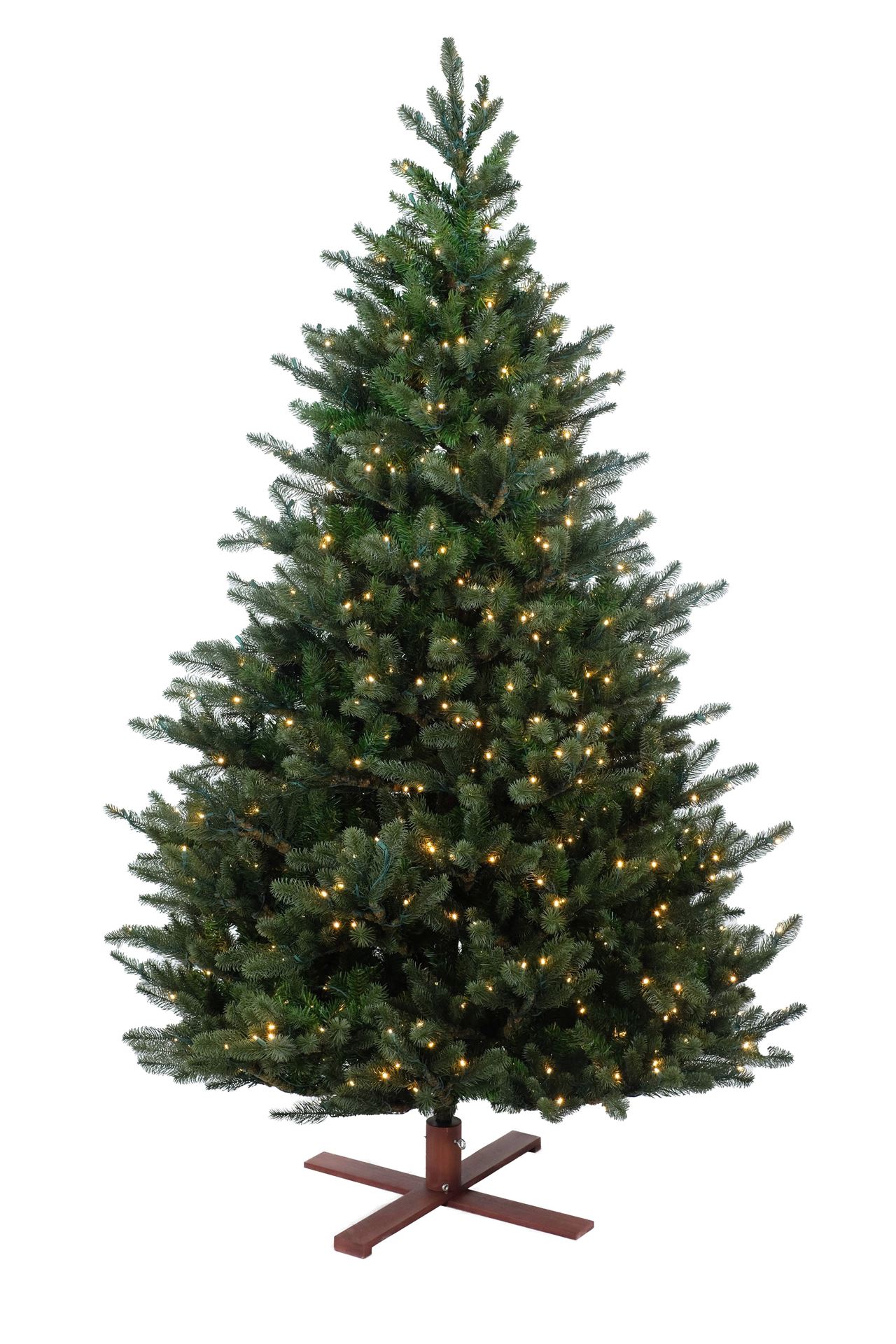 Kentucky Deluxe verlichte kunstkerstboom - 228 cm - Donkergroen - Diameter 145 cm - 2366 tips - 800 ledlampjes (warm wit) - Houten voet afbeelding