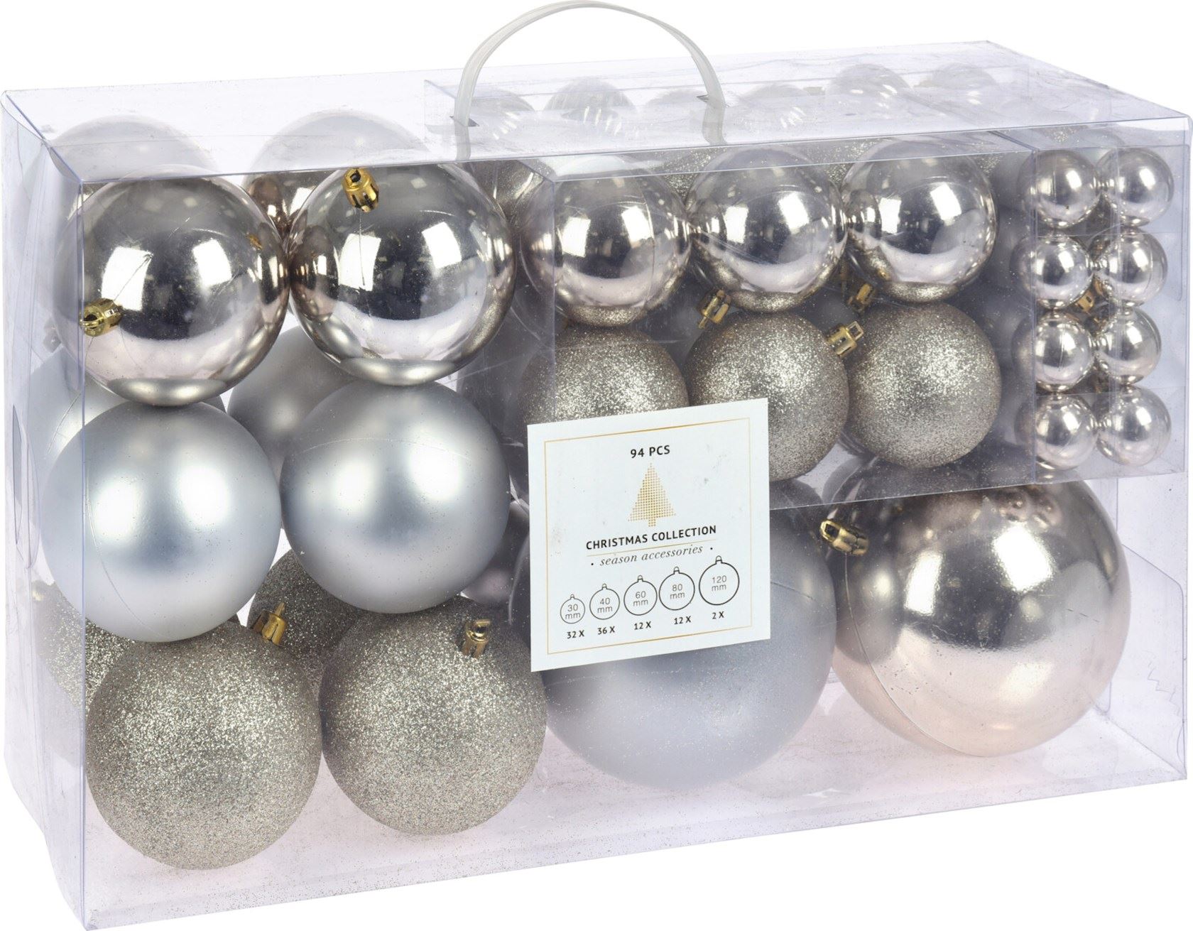 Christmas Collection - set van 94 plastic kerstballen -Ø 3cm tot 10 cm - zilver&champagne afbeelding