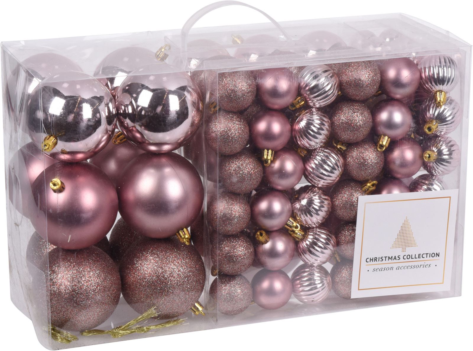 Christmas Collection - set van 94 plastic kerstballen -Ø 3cm tot 10 cm - roze afbeelding