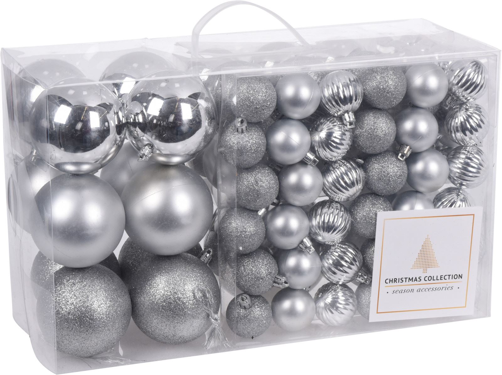 Christmas Collection - set van 94 plastic kerstballen -Ø 3cm tot 10 cm - zilver afbeelding