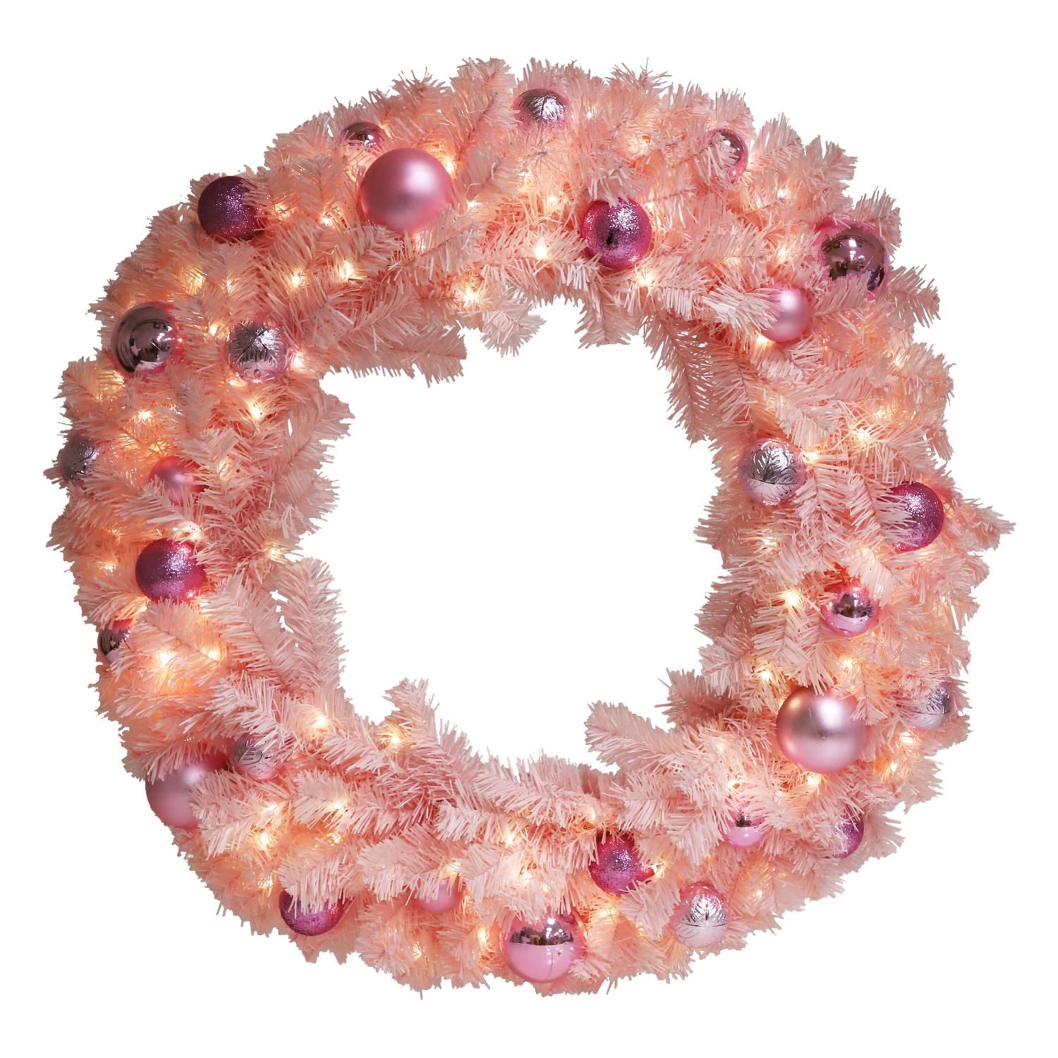 Practo Home verlichte kerstkrans - roze -Ø 80 cm - 90 warm witte ledlampjes - met kerstballen afbeelding