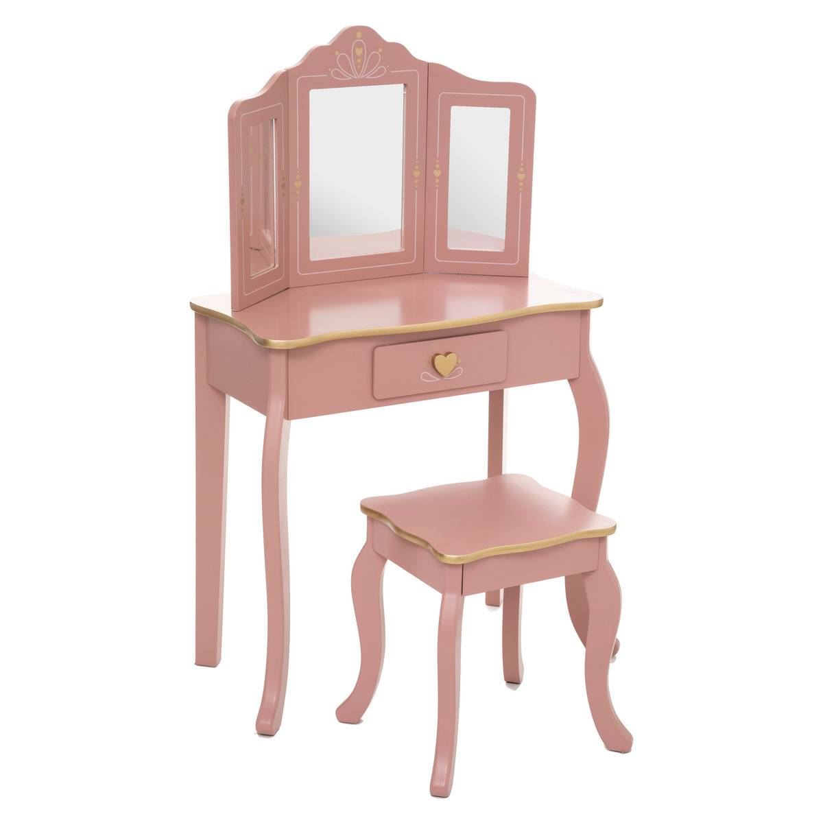 Atmosphera roze kaptafel voor kinderen - Make up tafel inclusief krukje met 3 spiegels - Met gouden afwerking afbeelding