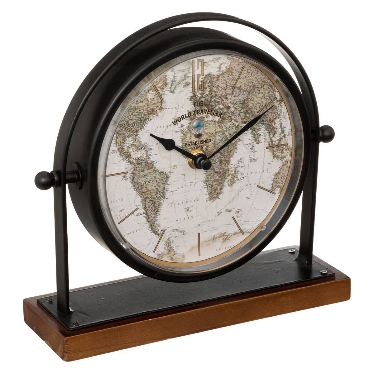 Atmosphera Tafelklok Earth Map – Staand – H21 x B7 x D21 cm – diameter 16 cm – Zwart – Glas/Metaal/MDF
