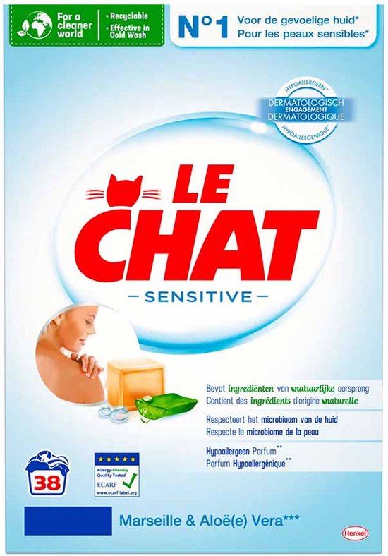 Le Chat Sensitive waspoeder - Marseille en Aloe Vera - 2.28 KG voor 38 wasbeurten afbeelding