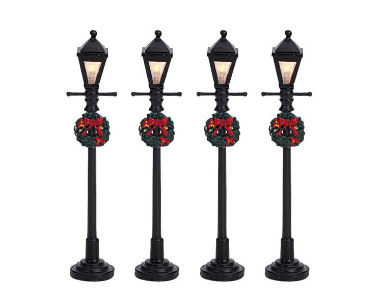 Lemax - 'Gas Lantern Street Lamp' - Set van 4 stuks - Verlicht accessoire - Exclusief adapter (werkt ook op batterijen)