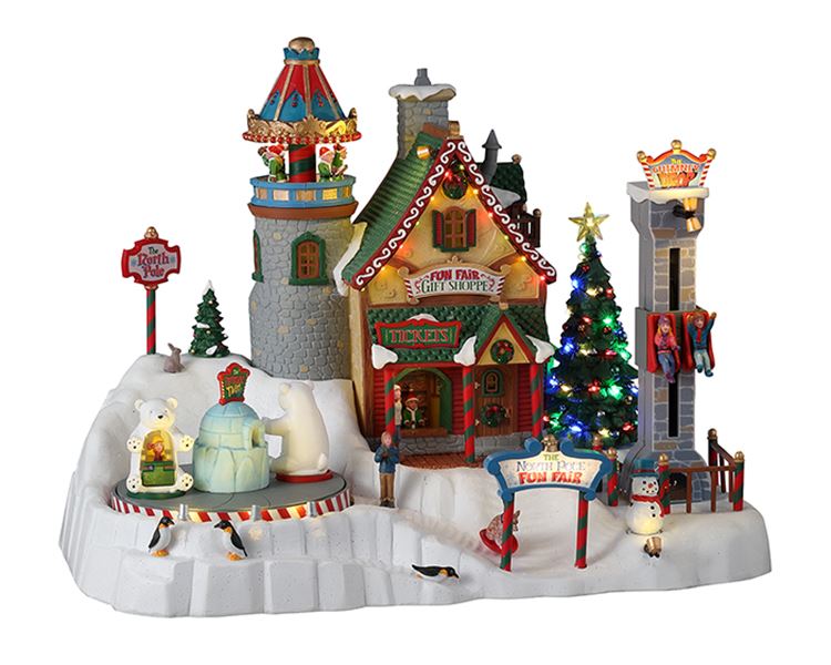 Lemax -'North Pole Fun Fair'- Verlichte attractie met animatie&muziek/geluid - Inclusief adapter afbeelding