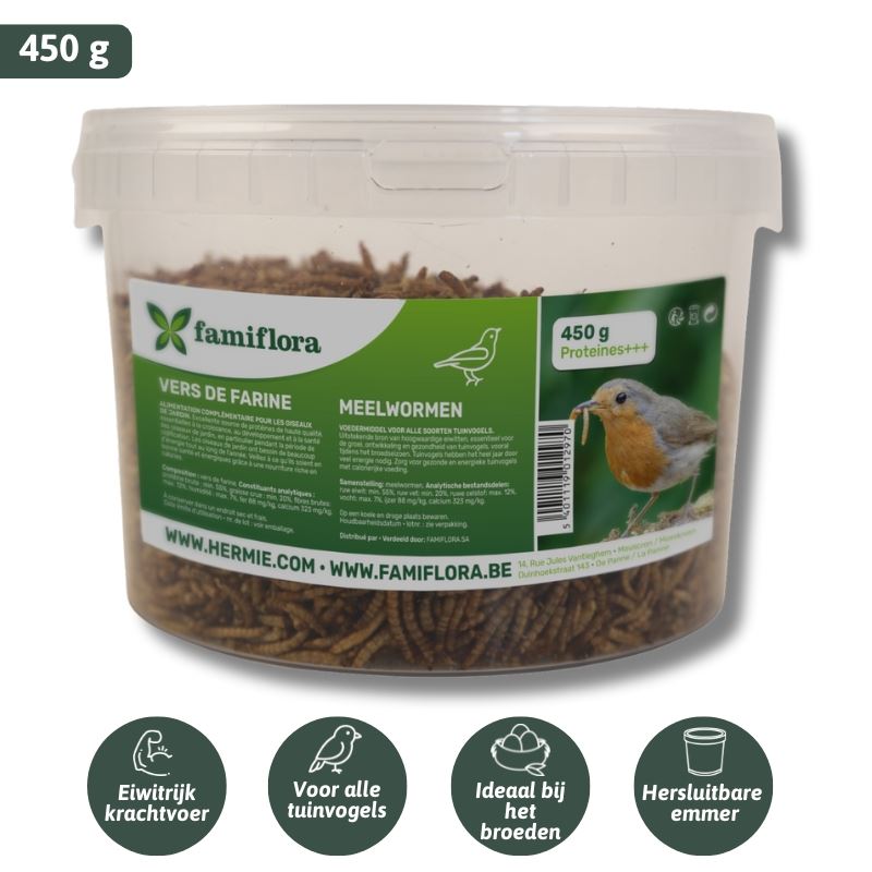 Famiflora gedroogde meelwormen 450 g =± 2,7L in hersluitbare emmer - voor tuinvogels afbeelding