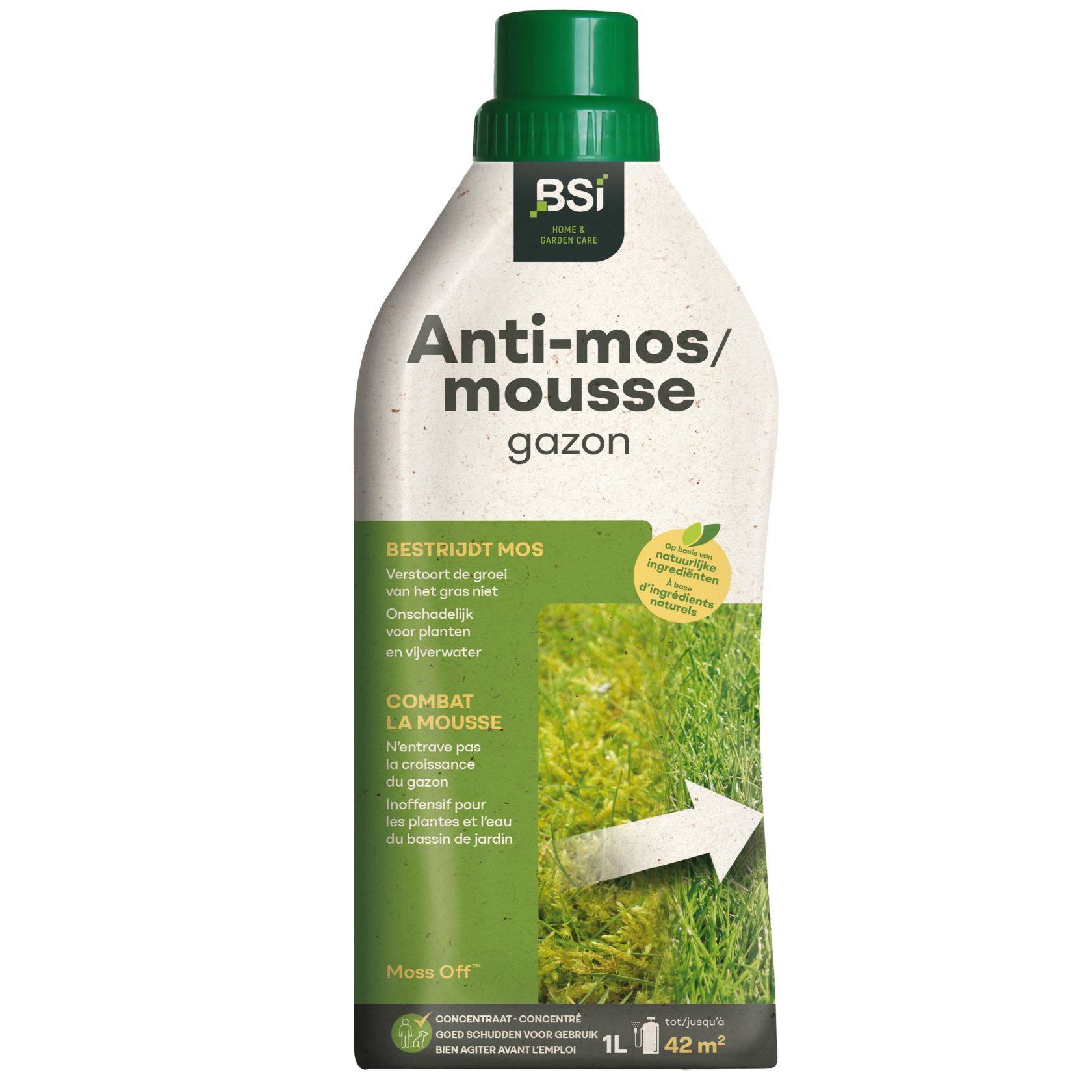 BSI Moss OFF anti-mos voor gazon 1L - Voor 42m² - Bestrijdt en voorkomt mos op natuurlijke wijze afbeelding