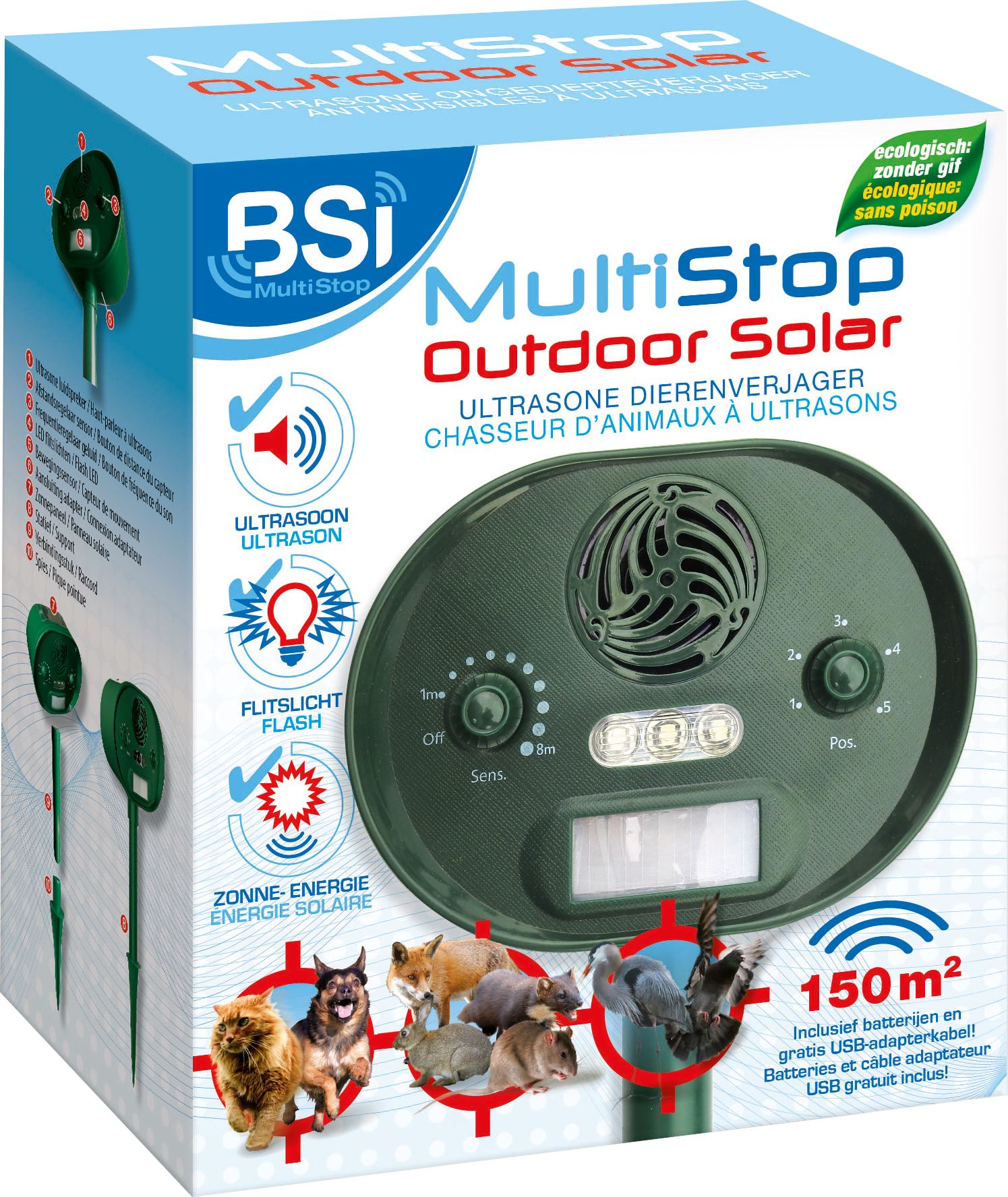 BSI 'Multistop Outdoor Solar' ultrasone dierenverjager 150m² - op zonne-energie en met flitslicht