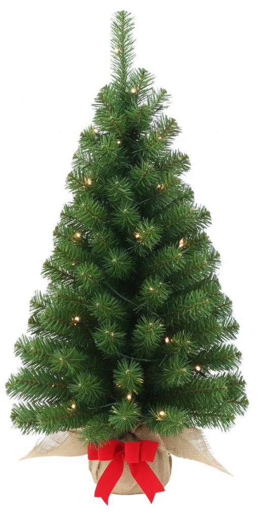 Noble Table Tree Burlap verlichte (tafel)kunstkerstboom - 91 cm - groen - 35 ledlampjes -Ø 51 cm - 114 tips - met rode strik - jute zak afbeelding