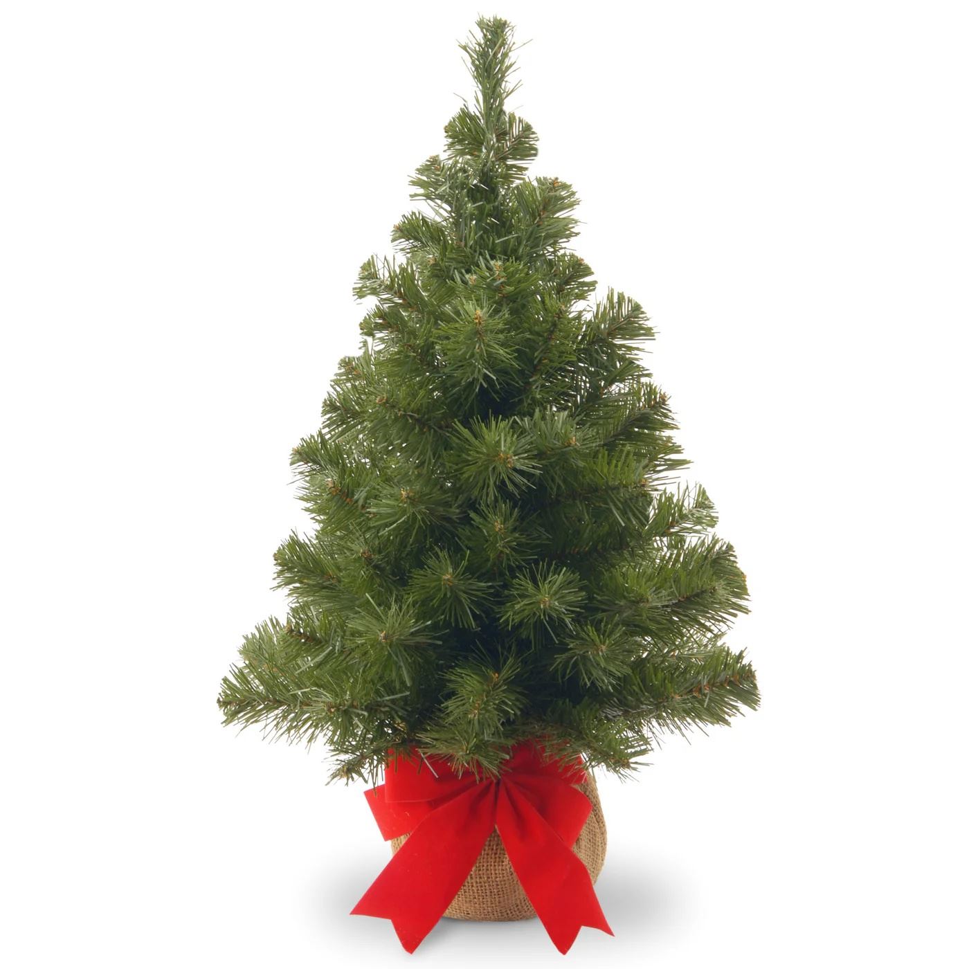 Noble Table Tree Burlap verlichte (tafel)kunstkerstboom - 91 cm - groen -Ø 51 cm - 114 tips - met rode strik - jute zak afbeelding