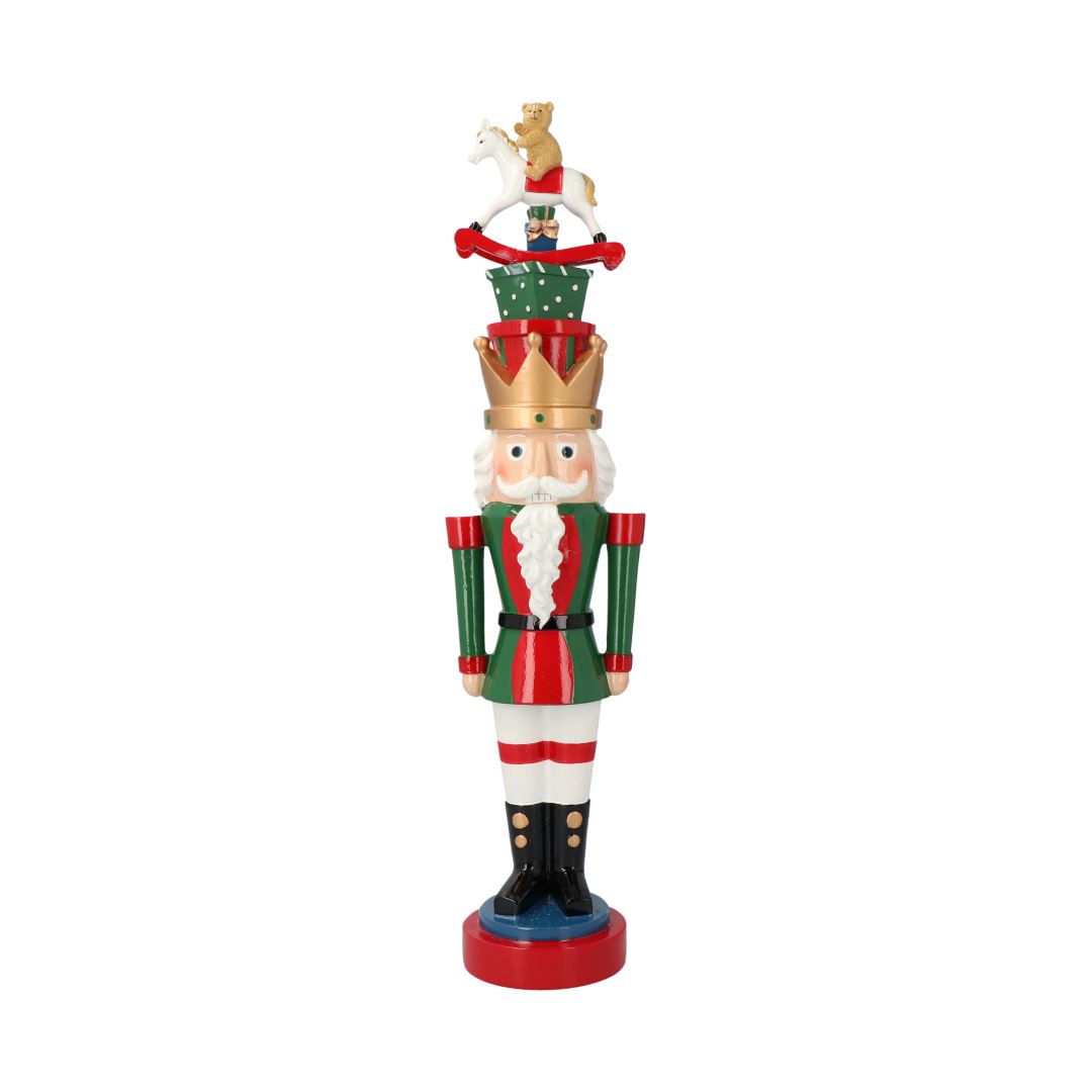 Timstor notenkraker koning met cadeaus en schommelpaard - rood&groen - 52 cm afbeelding