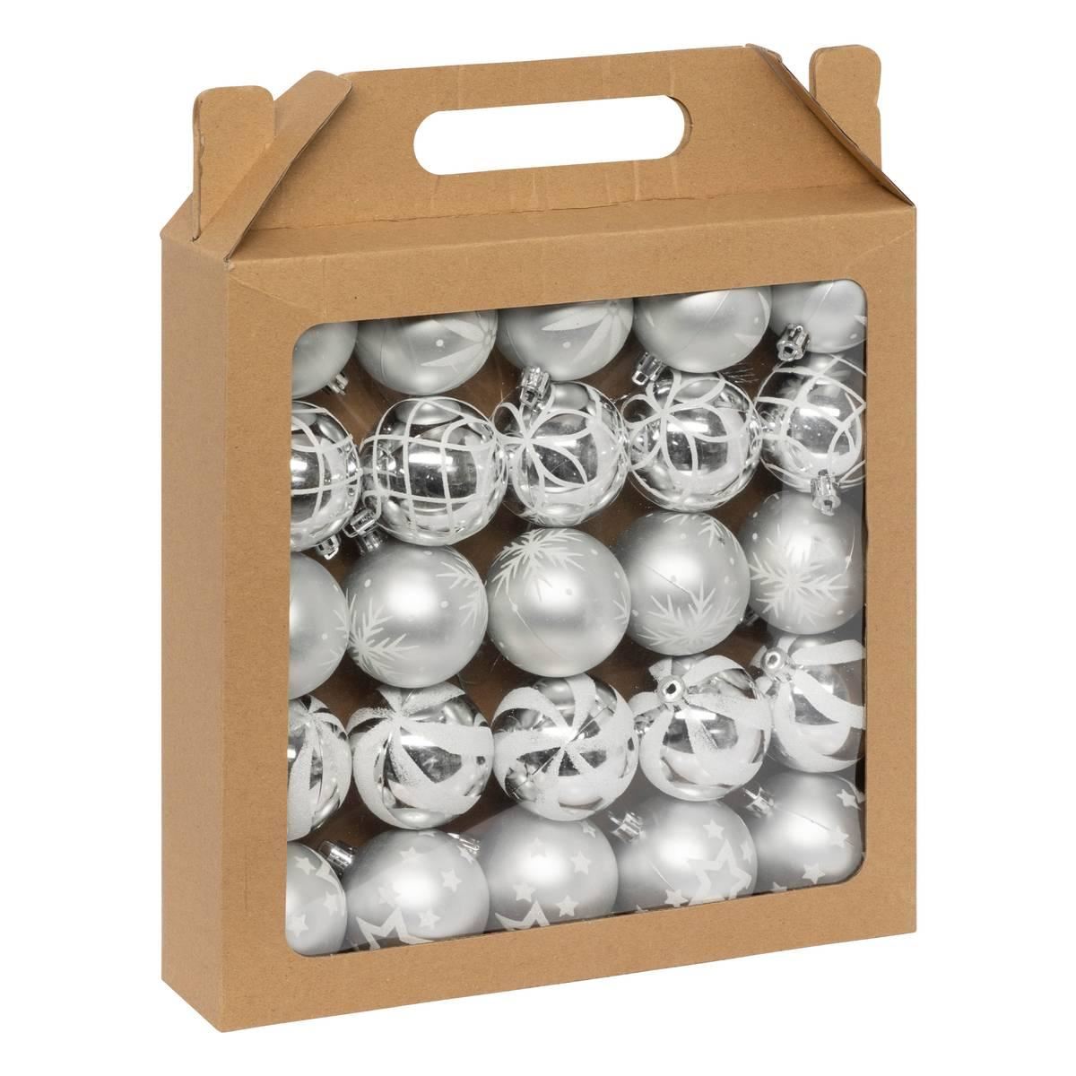 Feeric Christmas Kerstballen – 25 stuks – 6 cm – Zilver/Wit – Kunststof – Mix van glans en glitter