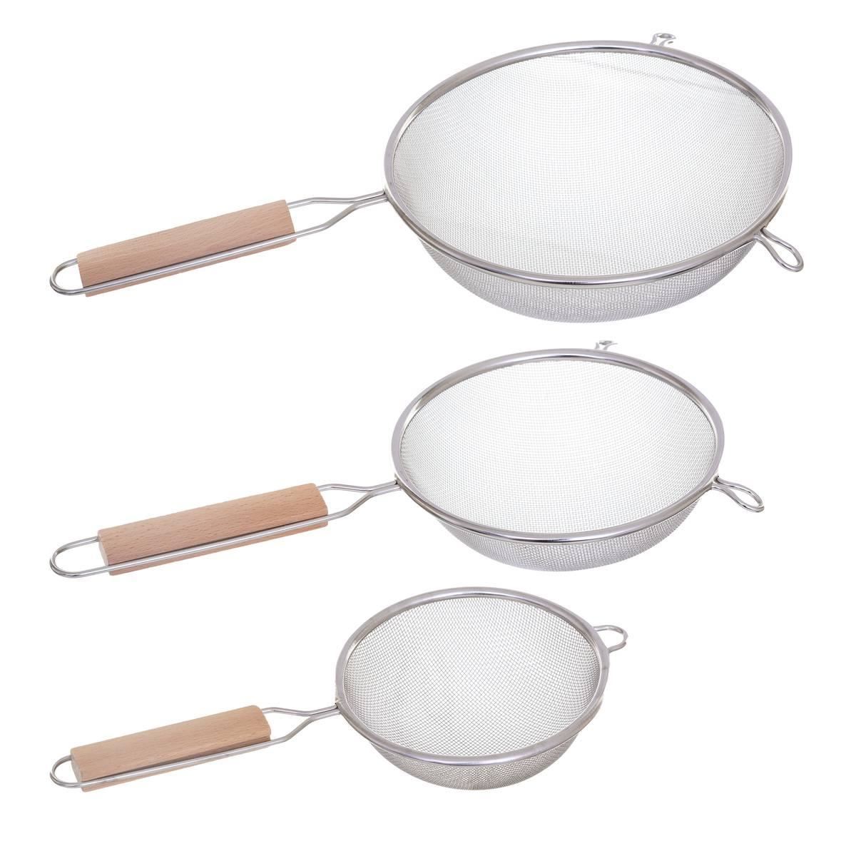 5Five Keukenzeef Set 3 stuks - Inox met houten handvat - Klein, Middel, Groot