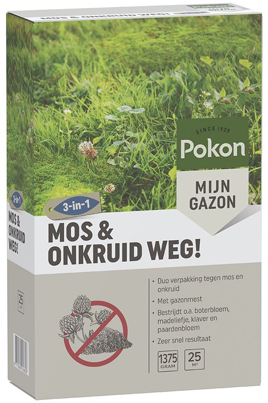 Pokon Mos en Onkruid Weg! 3-in-1 - 1,375kg - Voor 25m² - Bestrijdt Mos&Onkruid - Met Gazonmest afbeelding