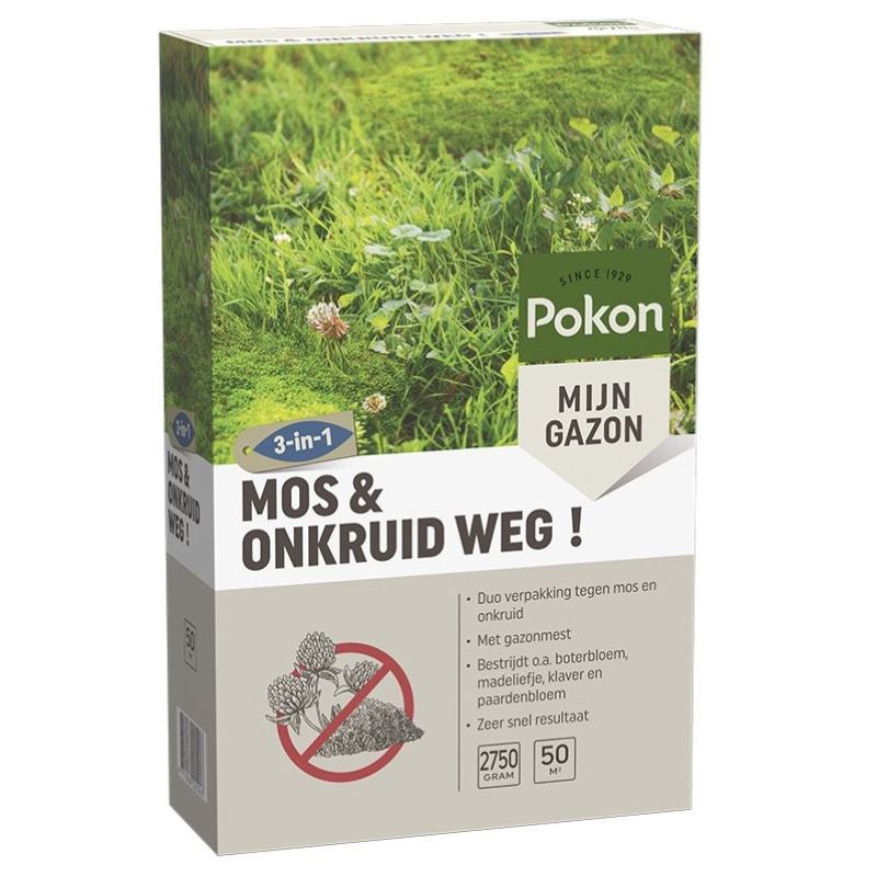 Pokon Mos en Onkruid Weg! 3-in-1 - Voor Gazon - 2,75kg - Bestrijdt Mos&Onkruid - Geschikt voor 50m² - Met Gazonmest afbeelding