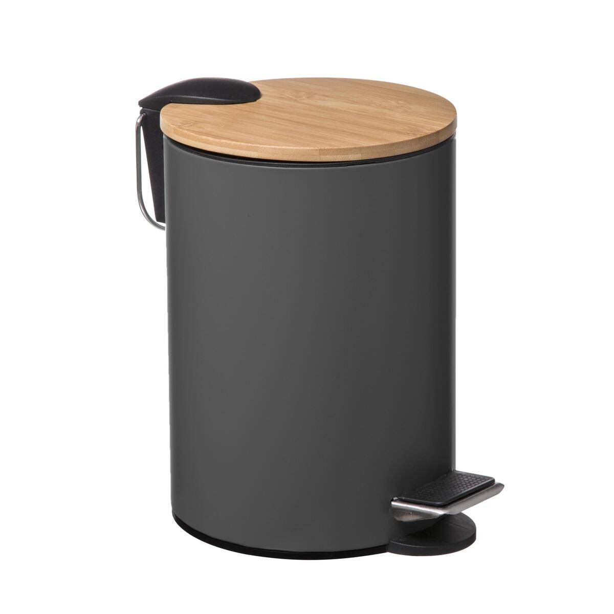 5Five pedaalemmer'Soft'donkergrijs metaal 3L - 24 cm - Voor badkamer en toilet - Prullenbak met bamboe deksel afbeelding