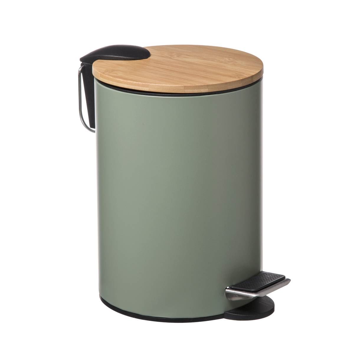 5Five pedaalemmer'Soft'kaki 3L - 24 cm - Kleine prullenbak met soft-close en bamboe deksel - Voor badkamer en toilet afbeelding
