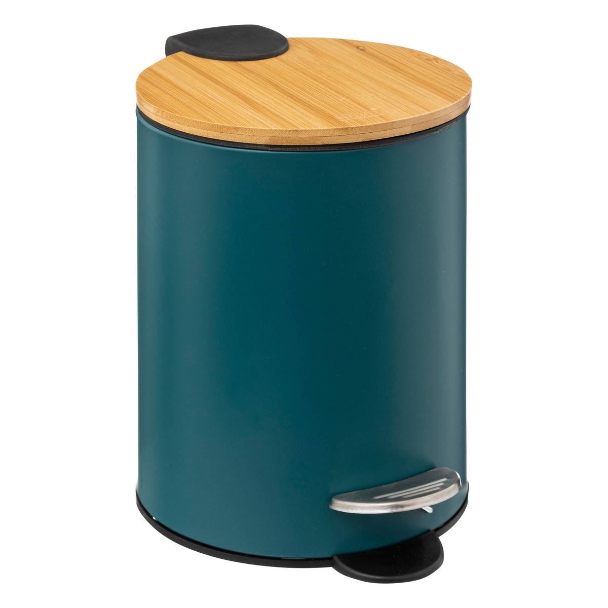 5Five pedaalemmer'Soft'petroleum blauw metaal 3L - 24 cm - Voor badkamer en toilet - Prullenbak met bamboe deksel afbeelding