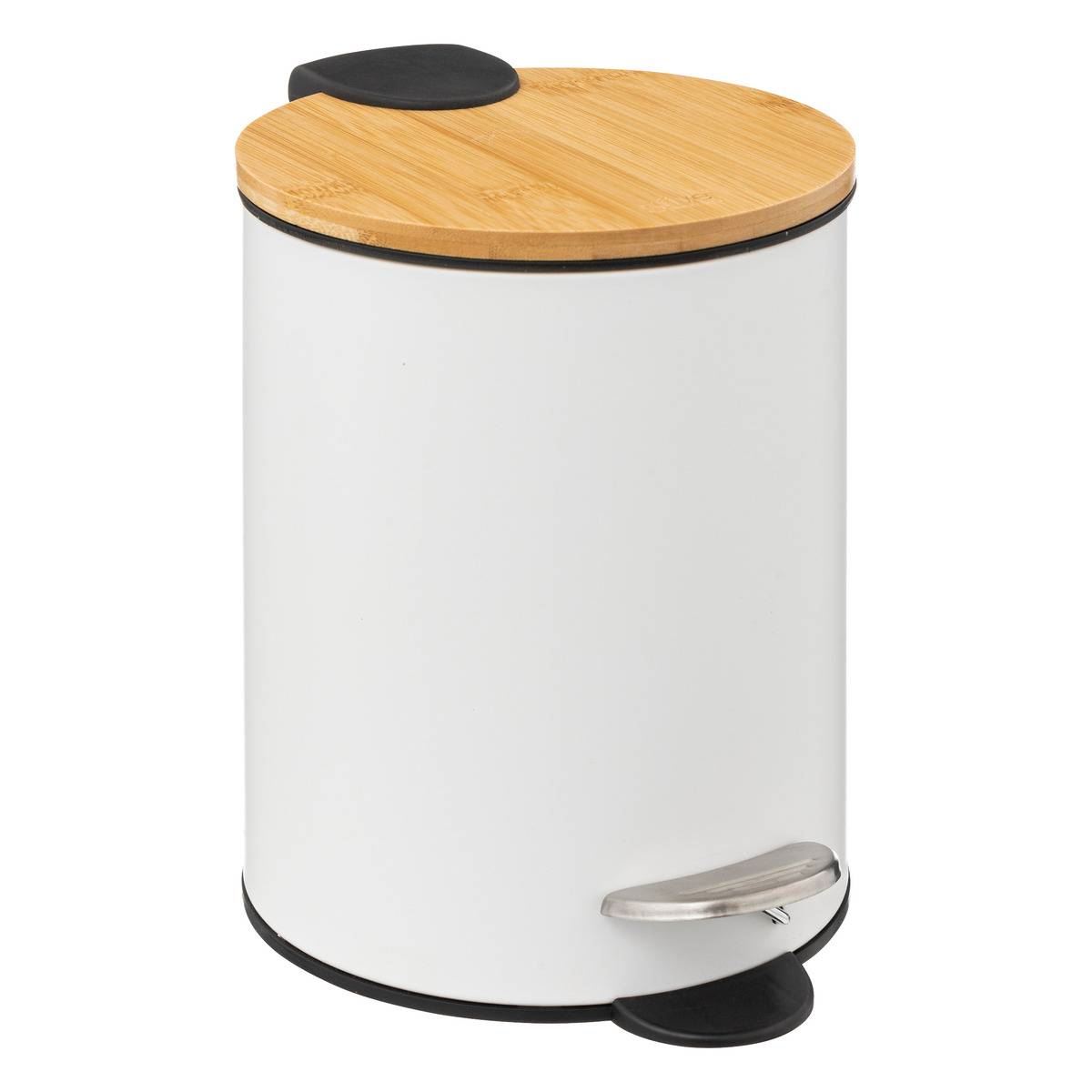 5Five pedaalemmer'Soft'wit 3L - 24 cm - Kleine prullenbak met soft-close en bamboe deksel - Voor badkamer en toilet afbeelding