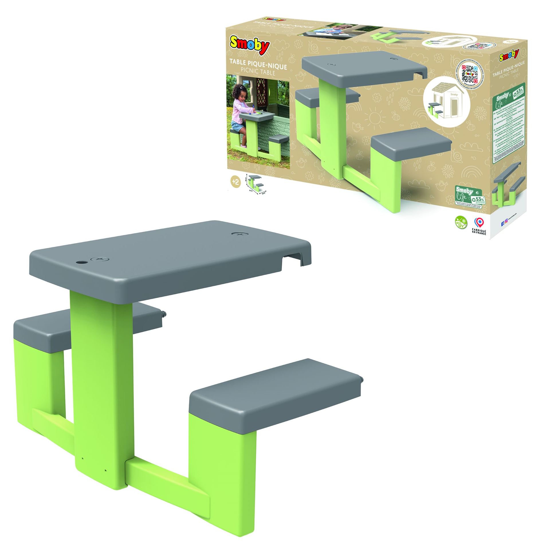 Smoby S.Life Picknicktafel - Grijs Tafelblad - Groene Stoelen en Poten - Weerbestendig Plastic afbeelding