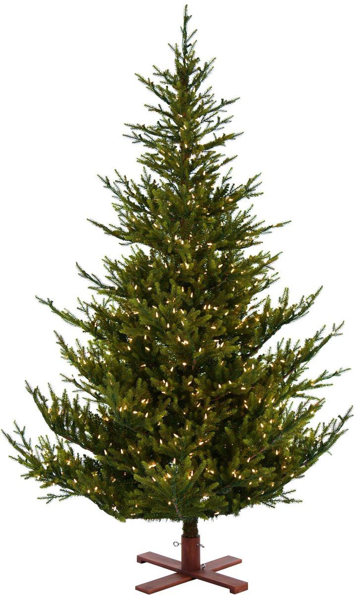 Sami Mountain Spruce Wood verlichte kunstkerstboom - 183 cm - Donkergroen -Ø124 cm - 3088 tips - 500 ledlampjes (warm wit) - Houten voet afbeelding