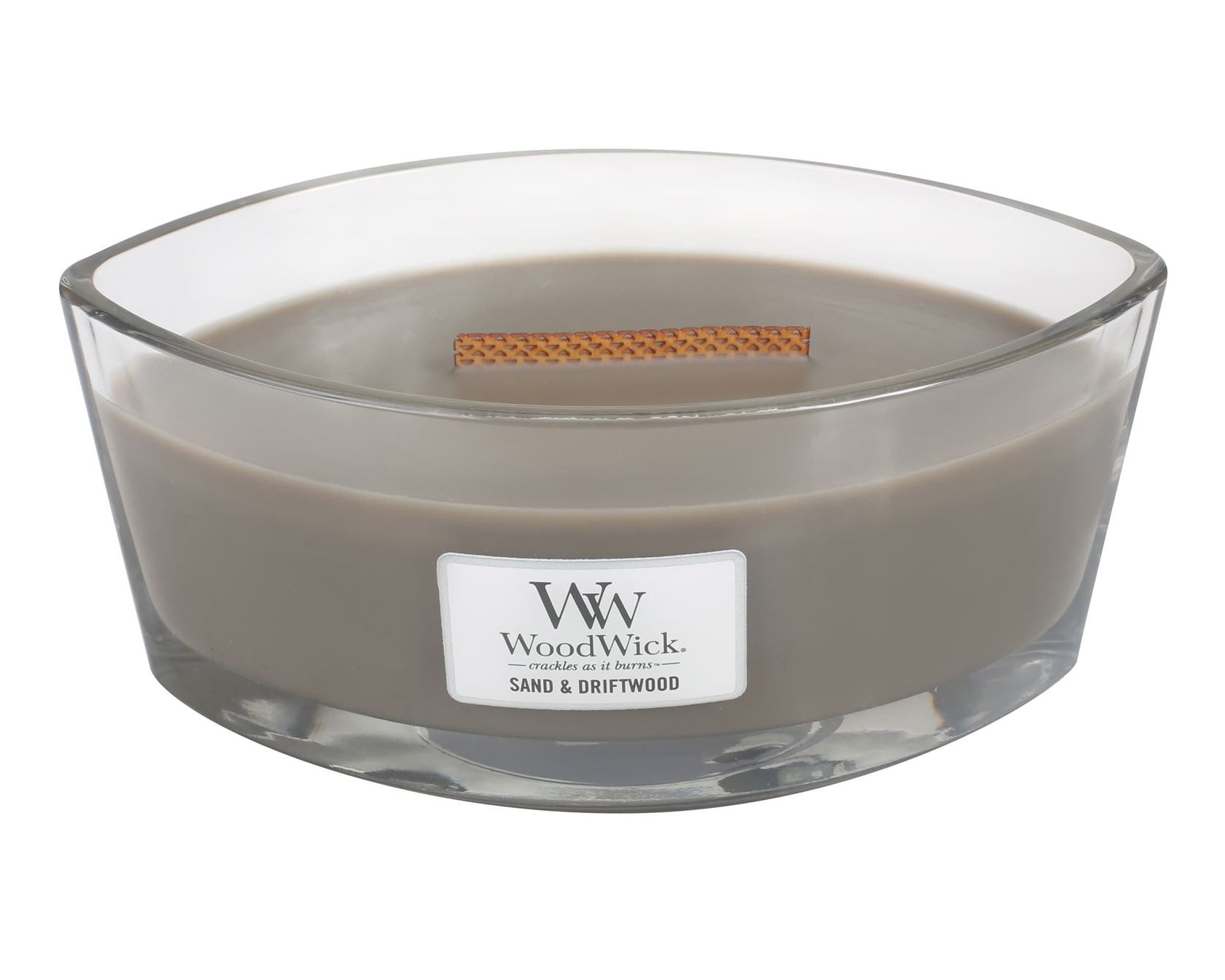 WoodWick geurkaars - Ellipse HearthWick Flame - Sand & Driftwood
