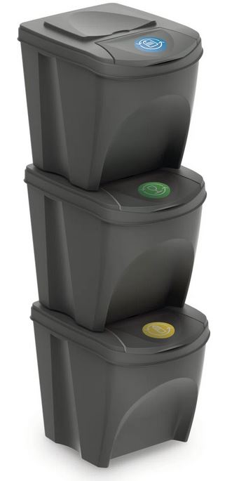 Prosperplast afvalbakken Set - 3 Stuks - Grijs - Stapelbaar - 25L per Bak - Met Kleurenstickers afbeelding