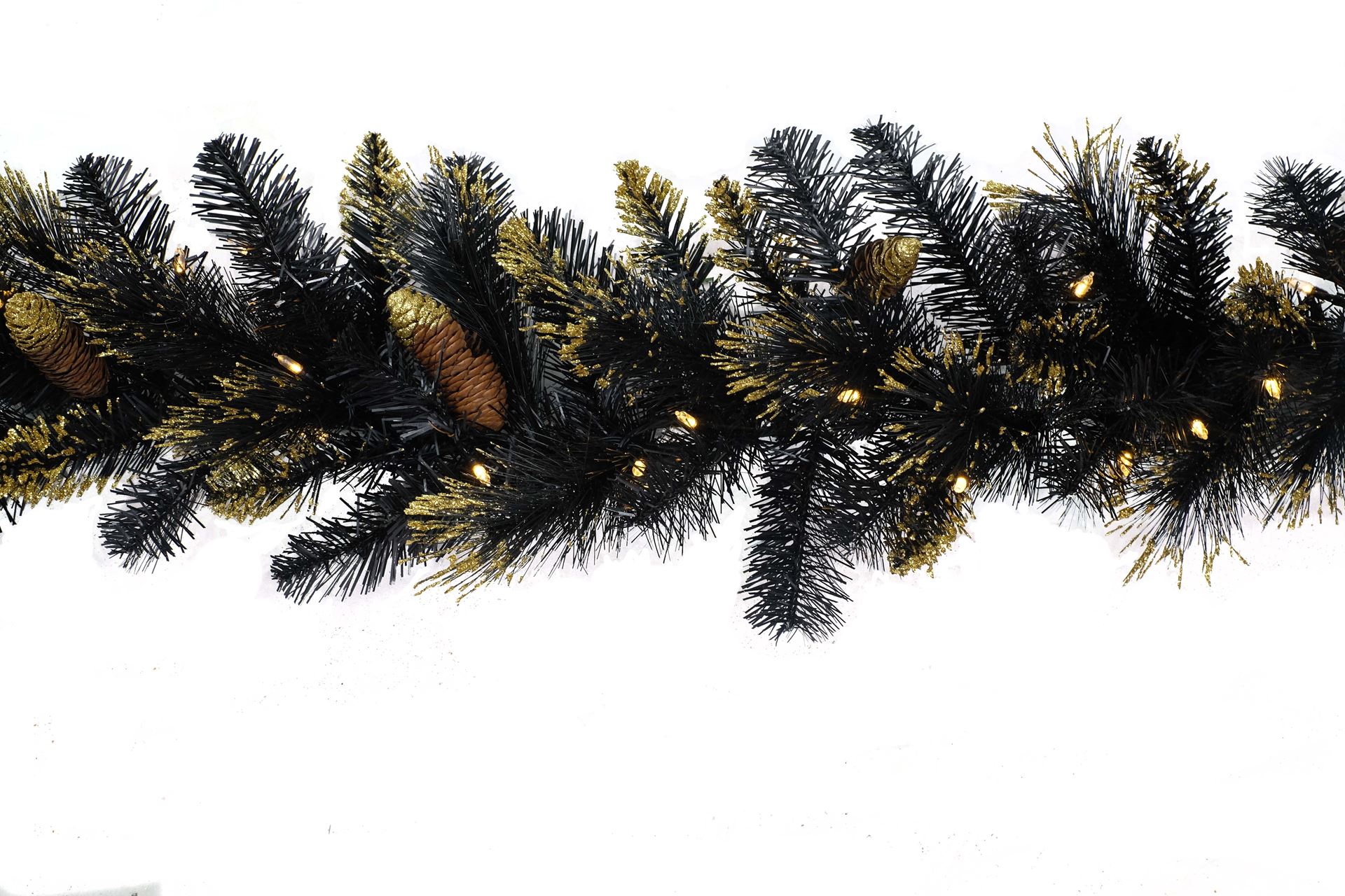 Verlichte guirlande"Shimmery Golden Black Bristle"- zwart - L274 cm - 70 warm witte ledlampjes - met gouden glitter afbeelding