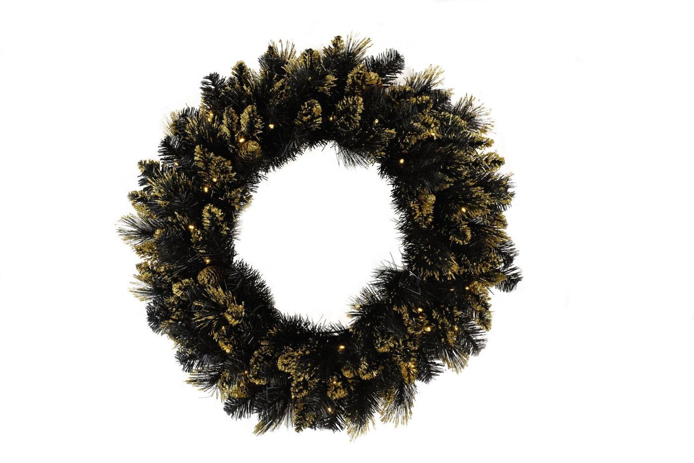 Verlichte kerstkrans"Shimmery Golden Black Bristle"- zwart -Ø 76 cm - 70 warm witte ledlampjes - met gouden glitter afbeelding