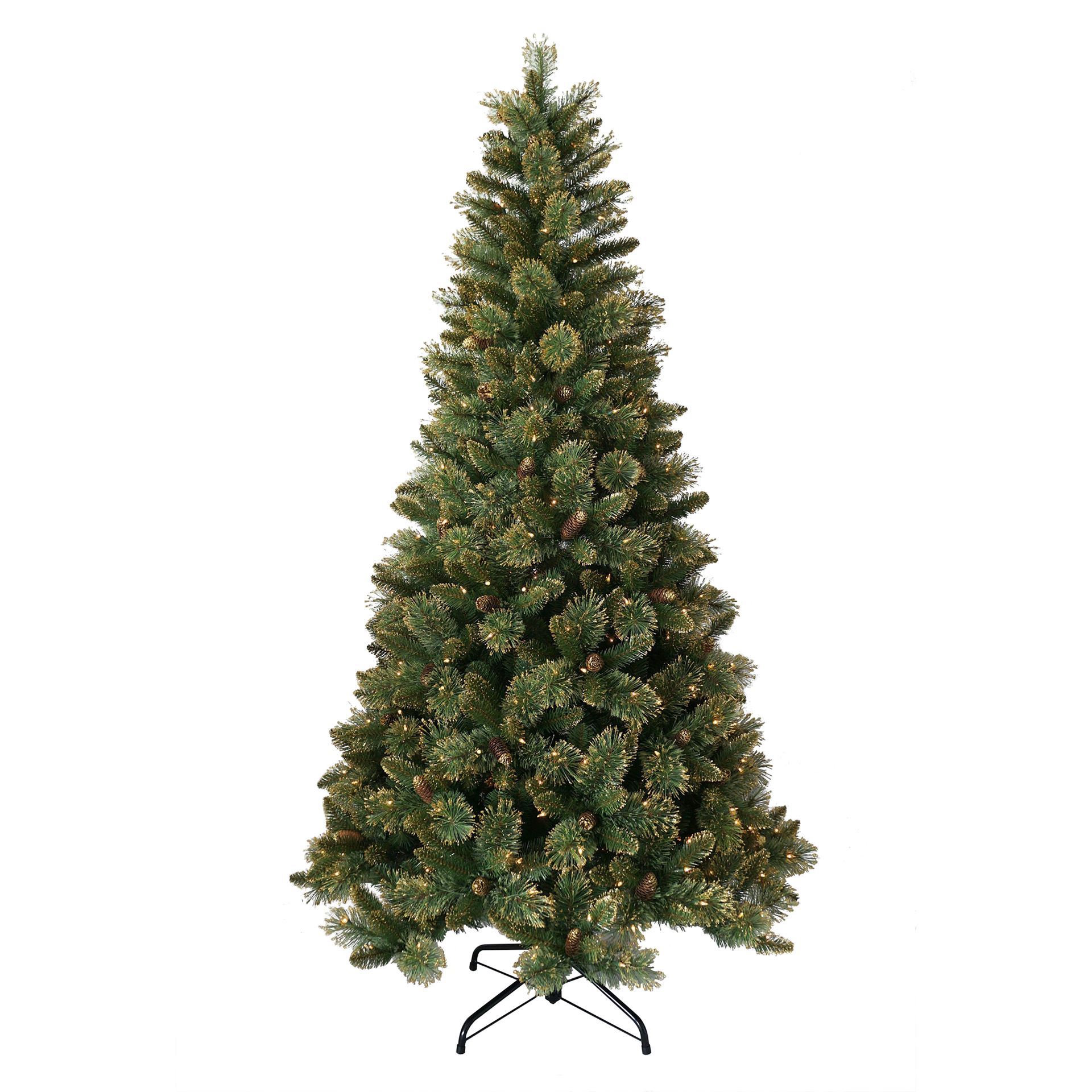 Shimmery Golden Bristle verlichte kunstkerstboom - 228 cm - Groen met goud -Ø122 cm - 1059 tips - 500 ledlampjes (warm wit) - Met glitters - Metalen voet afbeelding