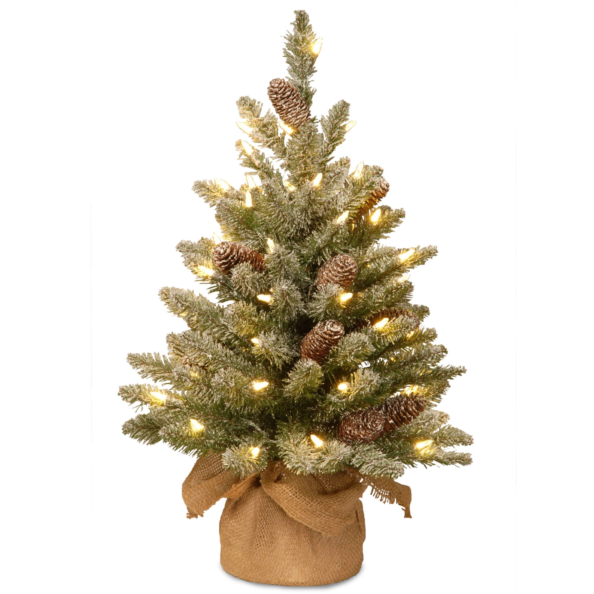 Snowy Concolor Burlap kunstkerstboom - 61 cm - groen -Ø 41 cm - 50 ledlampjes - besneeuwd&dennenappels - jute zak afbeelding