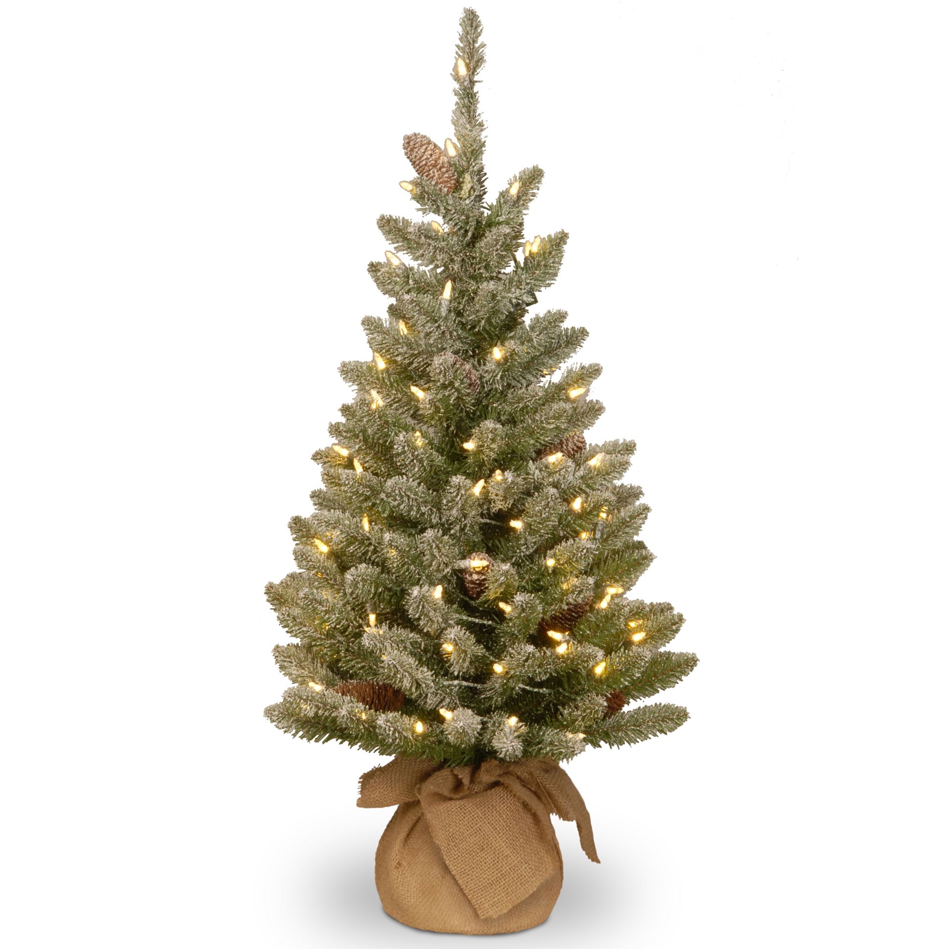 Snowy Concolor Burlap kunstkerstboom - 91 cm - groen -Ø 51 cm - 130 tips - 50 ledlampjes - besneeuwd&dennenappels - jute zak afbeelding