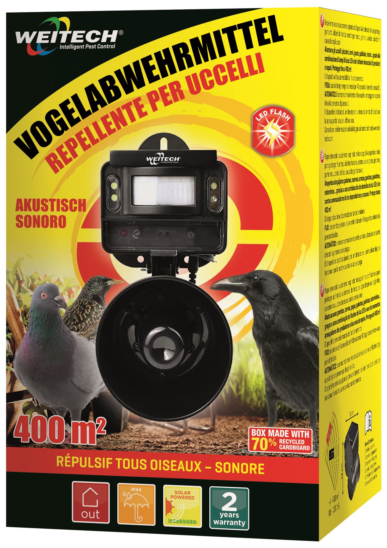 Weitech WK0109 Vogelverjager - 400 m² - Solar - Flits & Geluid