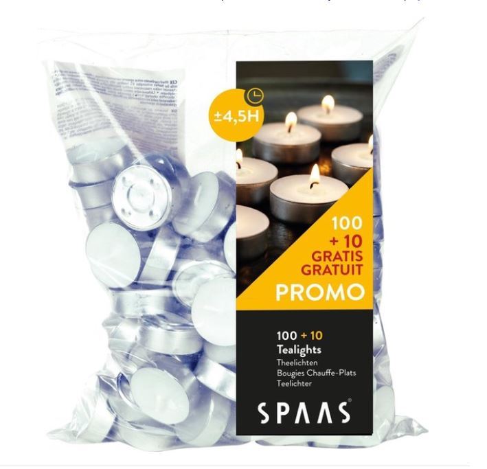 Spaas - 100 stuks + 10 gratis theelichtjes - 4,5 branduren - wit afbeelding