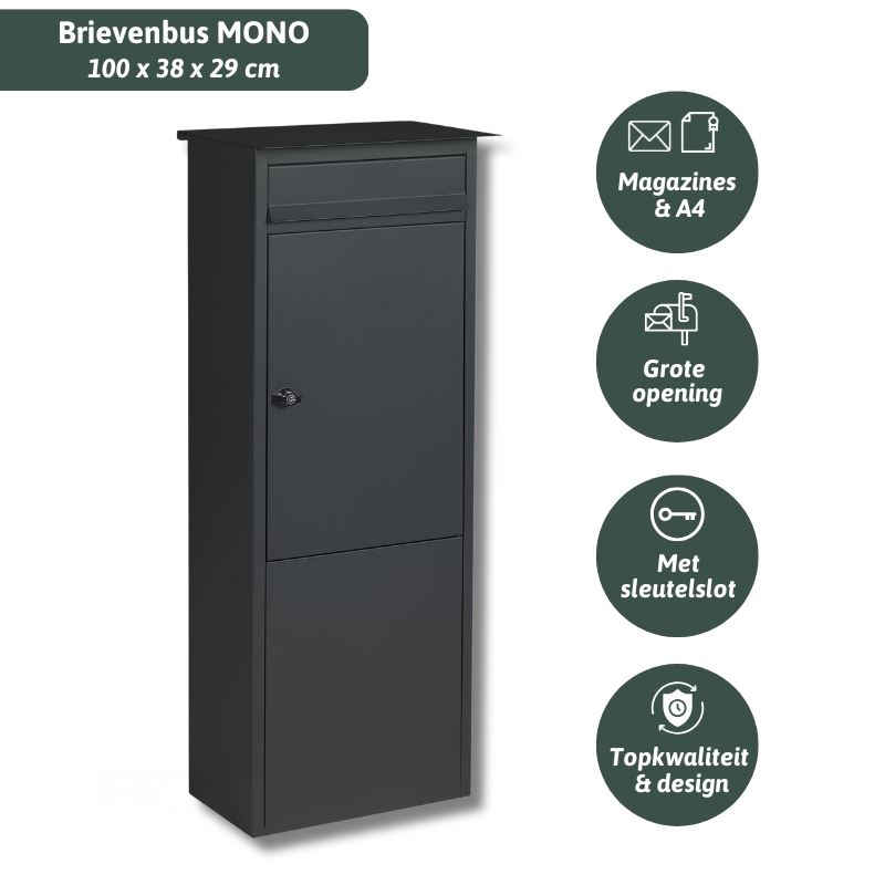 Famiflora brievenbus MONO met sleutelslot - mat zwart - 100 x 38 x 29 cm - topkwaliteit! afbeelding