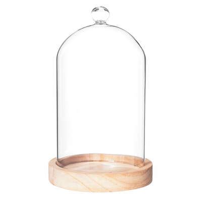 Atmosphera Glazen Stolp op Houten Plateau D12xH19 cm - Transparant / Lichtbruin afbeelding