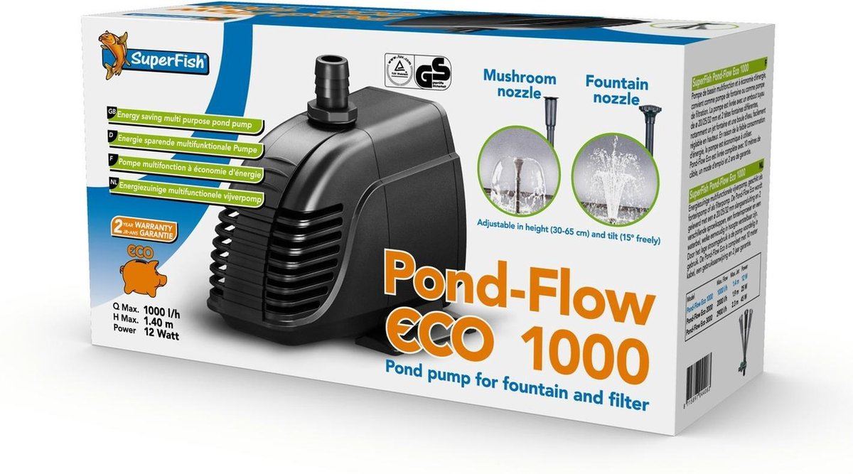 SuperFish Pond Flow Eco 1000 Vijverpomp - 1000 L/h - 12W - Inclusief sproeikoppen