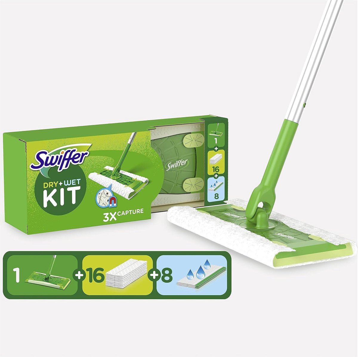 Swiffer Floor Mop Starter Set +24 Doekjes– Vloerreiniger – Droog&nat gebruik– Huisdierhaarproof – 360° draaikop afbeelding