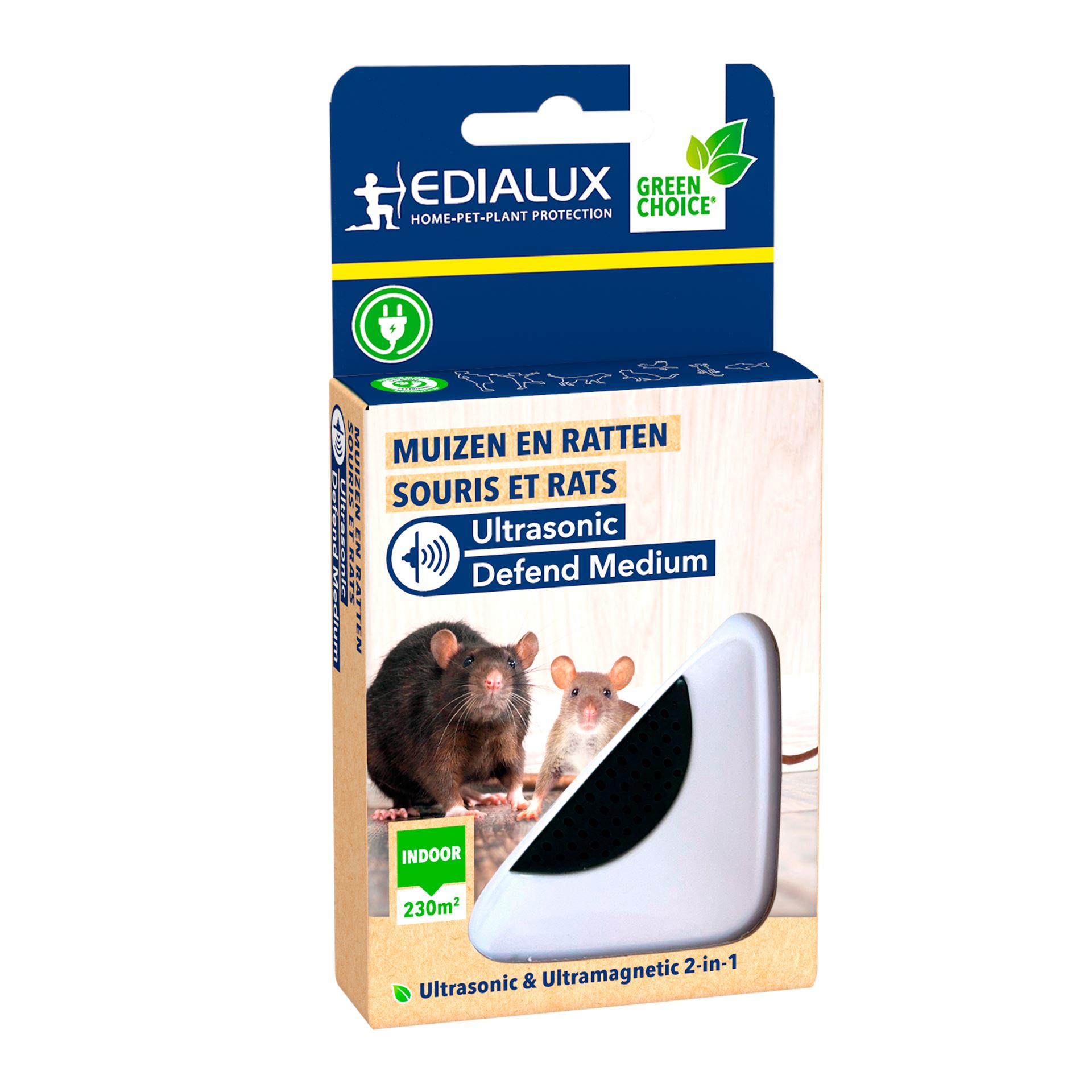 Edialux Ultrasonic Defend Muizen&Ratten Medium - Bereik van maximaal 230m² - Afweer tegen muizen en ratten - Electromagnetische en ultrasone verjager voor binnenshuis gebruik afbeelding